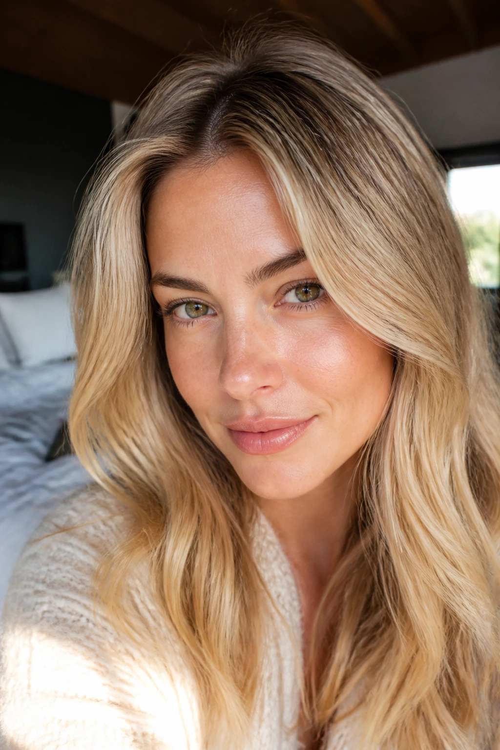 Close-up portrait of a real woman with sandy blonde hair and smudged root
