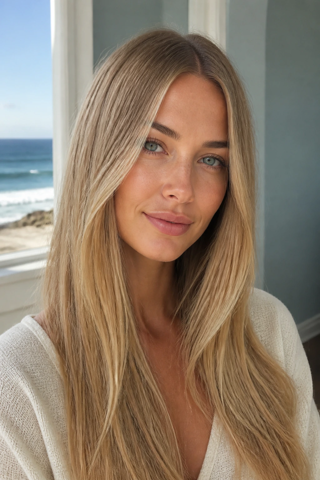 Real woman with sandy blonde hair in sunlit window setting