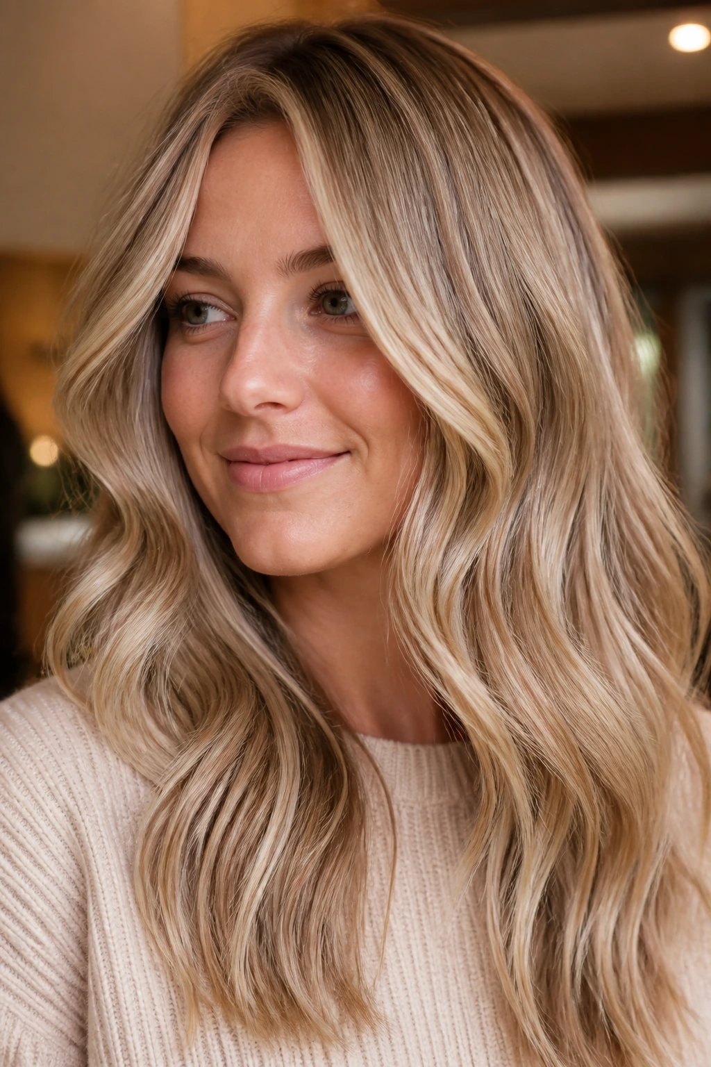 Close-up of sandy blonde hair with toffee lowlights