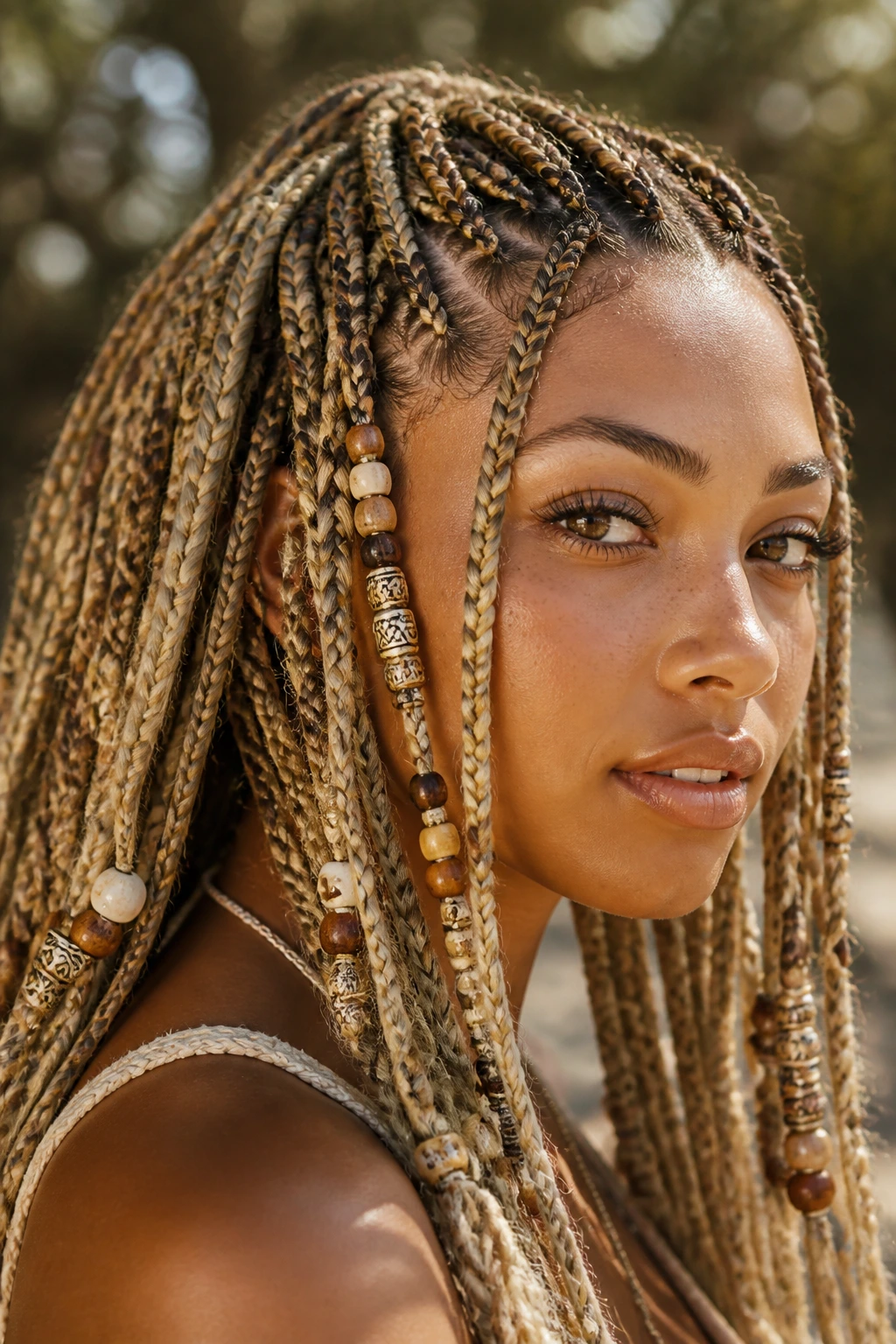 Close-up of sandy-blonde tribal braids with mixed beads