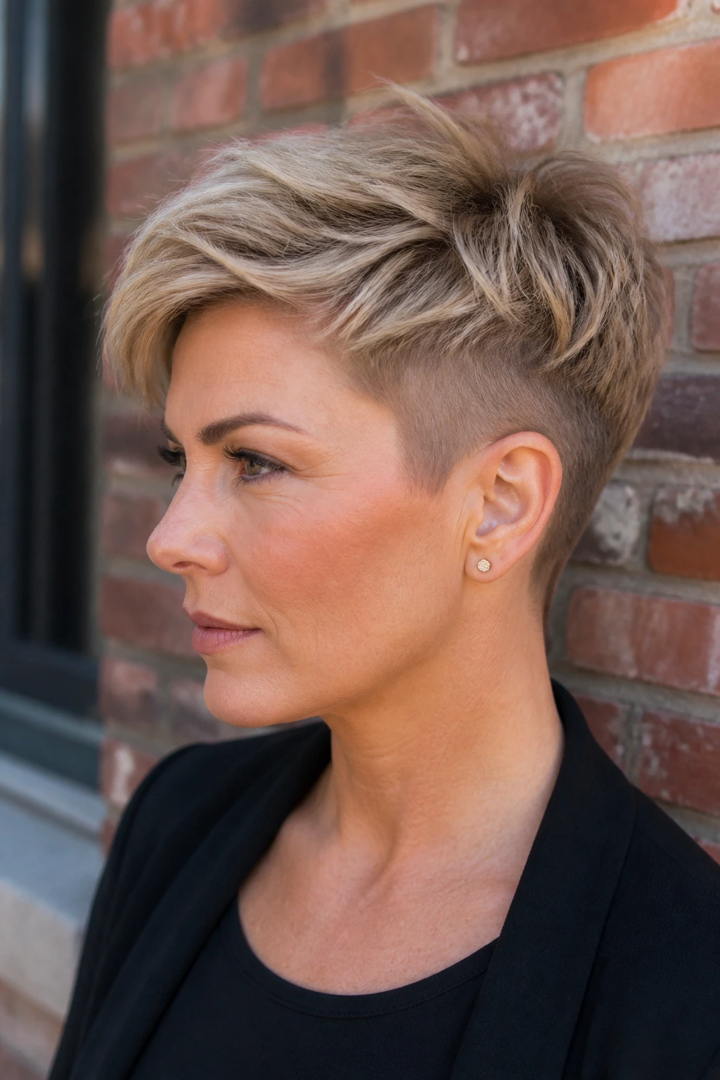 Real woman with sandy undercut pixie hairstyle on urban street backdrop.