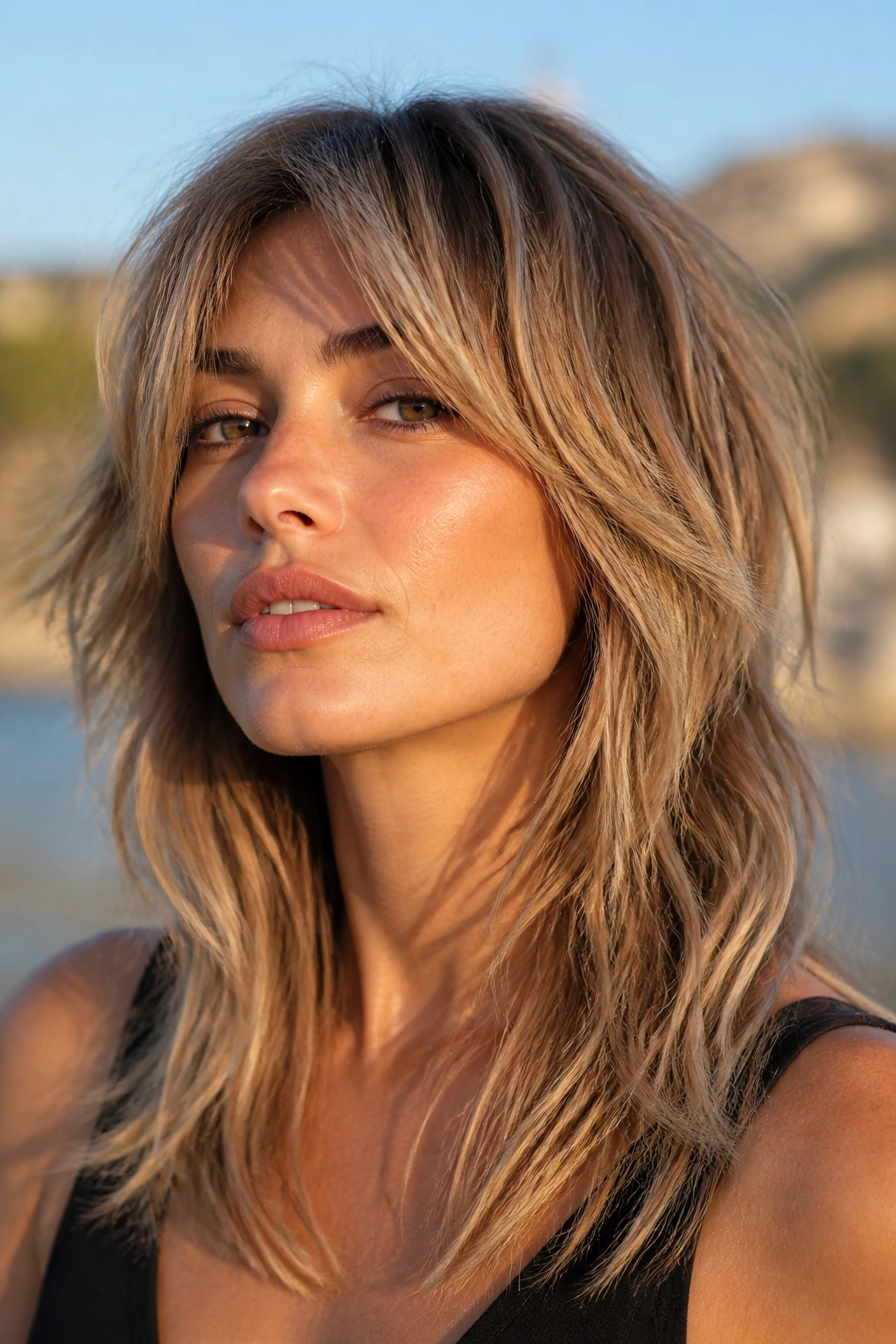 Close-up portrait of a real person with sandy blonde wolf cut and razor layers in natural light