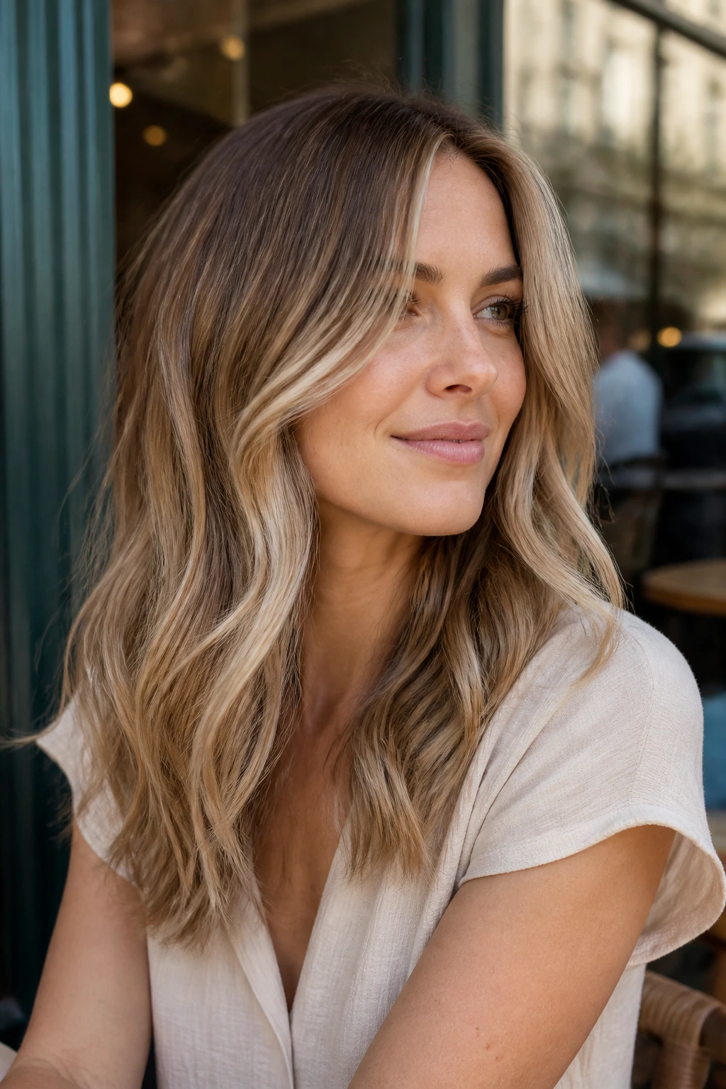Close-up portrait with sandy bronde balayage around face in natural daylight