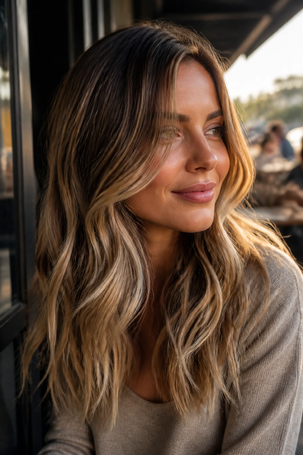 Portrait of a real woman with sandy bronde balayage and soft waves.