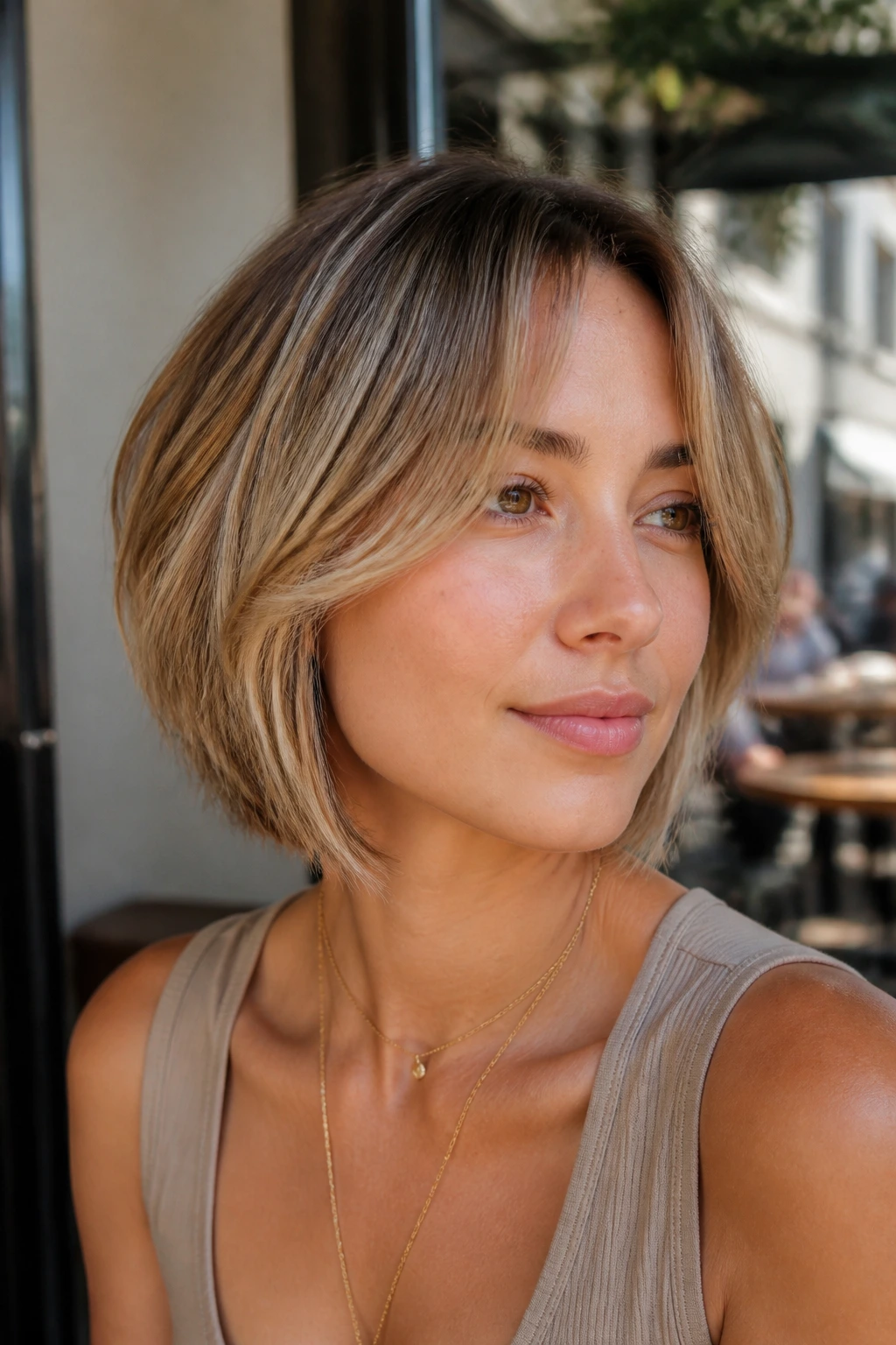 Close-up of a real woman with sandy bronde bob and curtain bangs