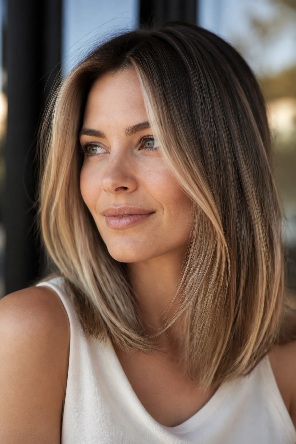 Close-up of sandy bronde balayage on straight hair in natural light