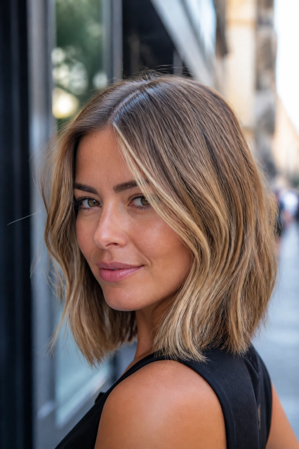 Close-up of sandy bronde lob with soft lift and perimeter highlights