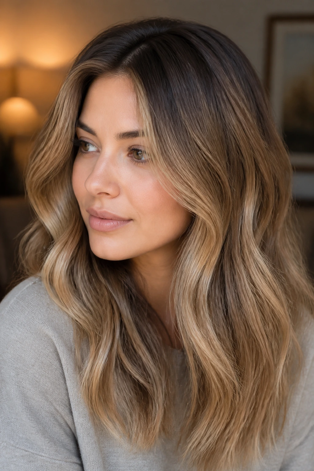 Close-up portrait of a real woman with sandy bronde and shadow root in warm living room light