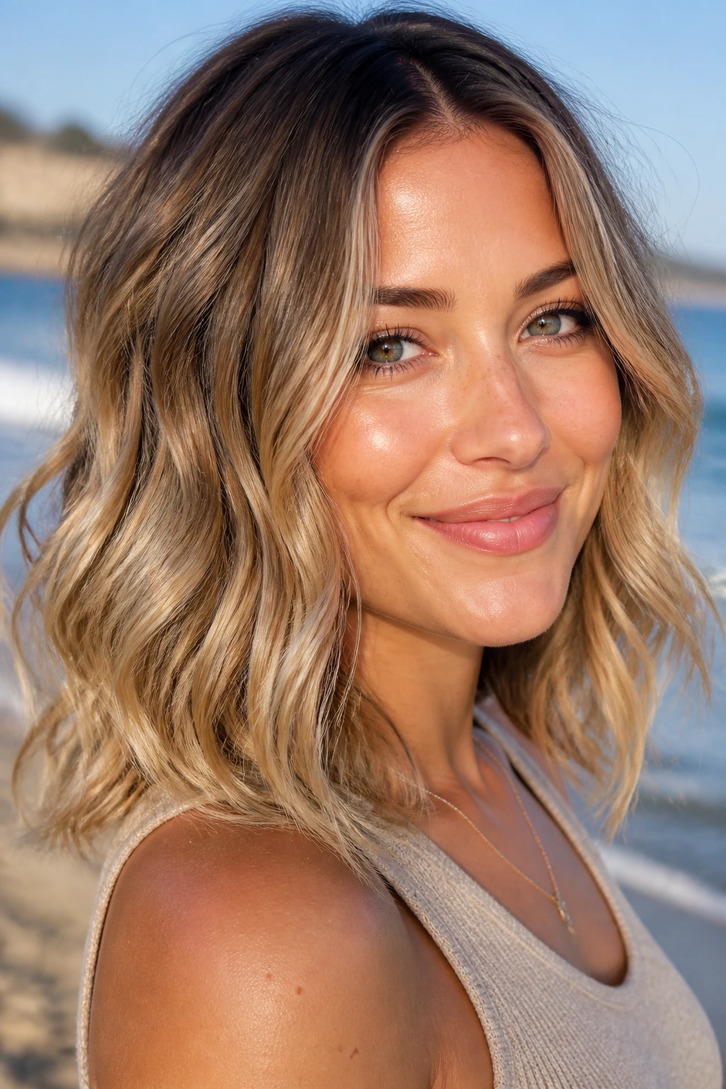 Close-up of sandy bronde waves on shoulder-length hair in a beachy setting