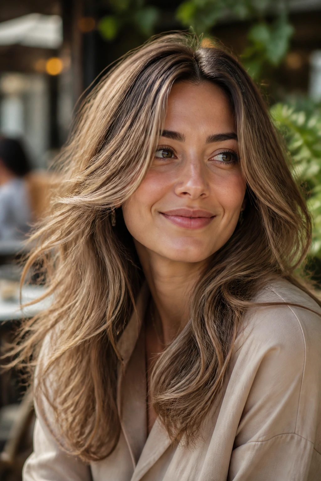 Portrait of a woman with sandy brown brunette hair in soft spring light.