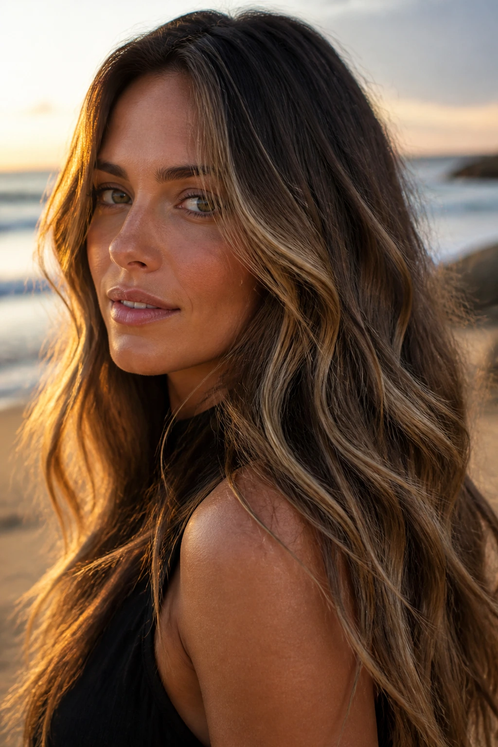 Close-up of a real woman with Sandy Brunette Surf Balayage in wavy long hair