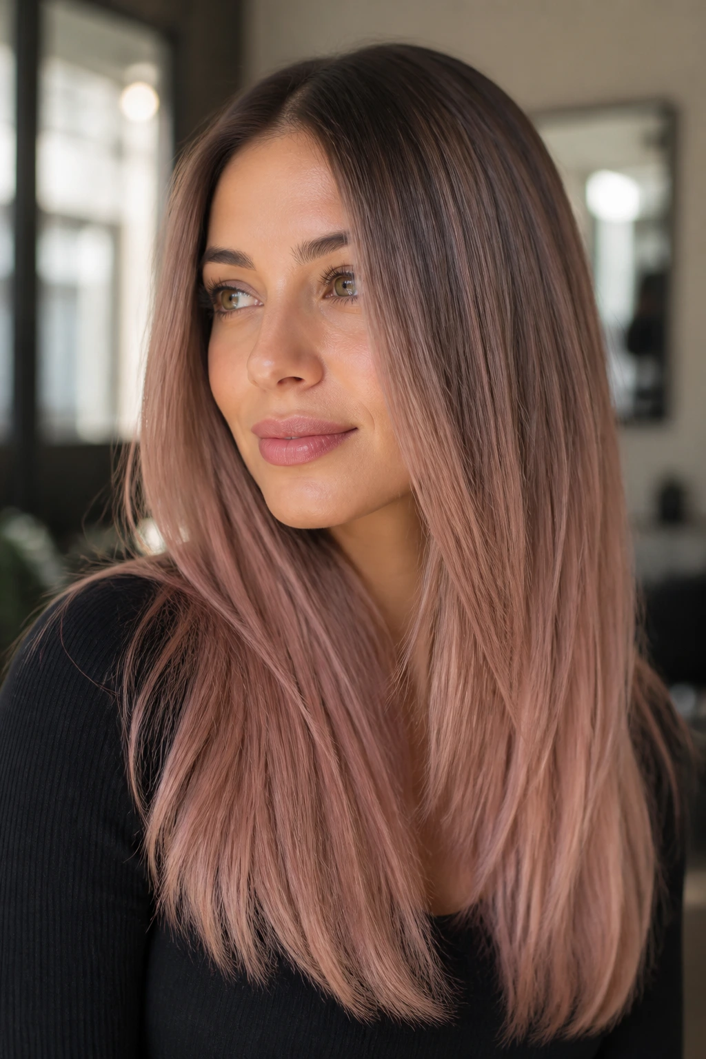 Close-up portrait of a real woman with sandy brunette to rose beige ombre on straight hair