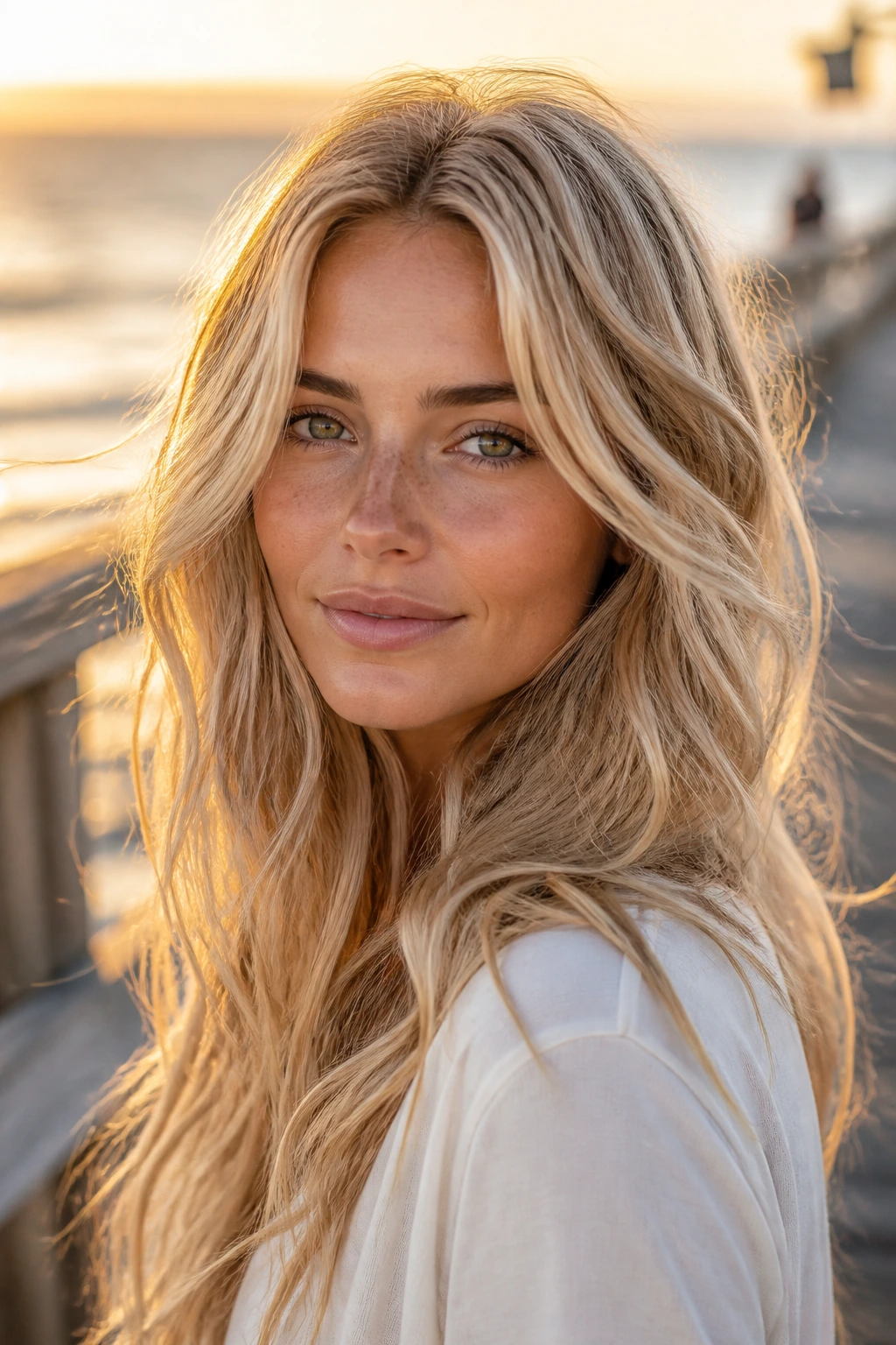Portrait of a real woman with sandy butter blonde hair on a sunlit boardwalk.