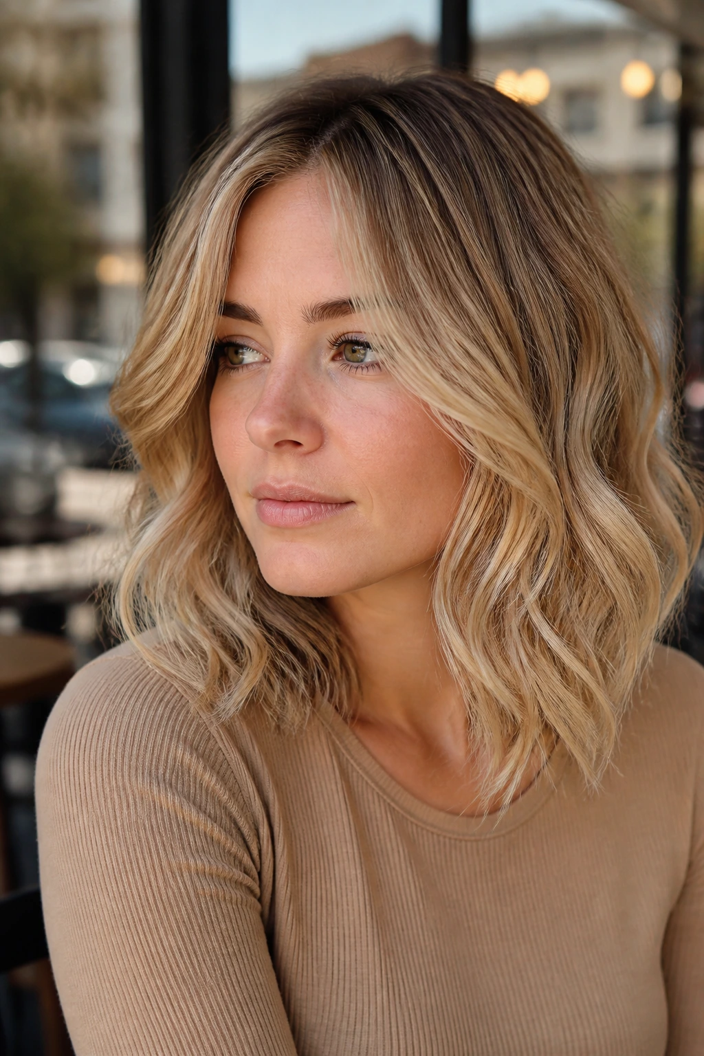 Close-up of a real woman with sandy caramel blonde hair and a soft shadow root.