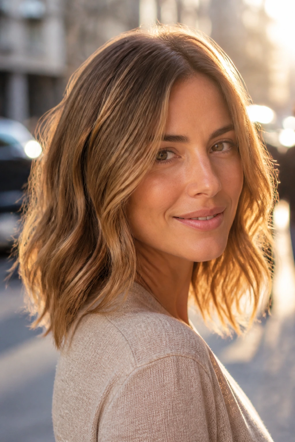 Close-up portrait of a woman with sandy caramel brown hair in golden hour light