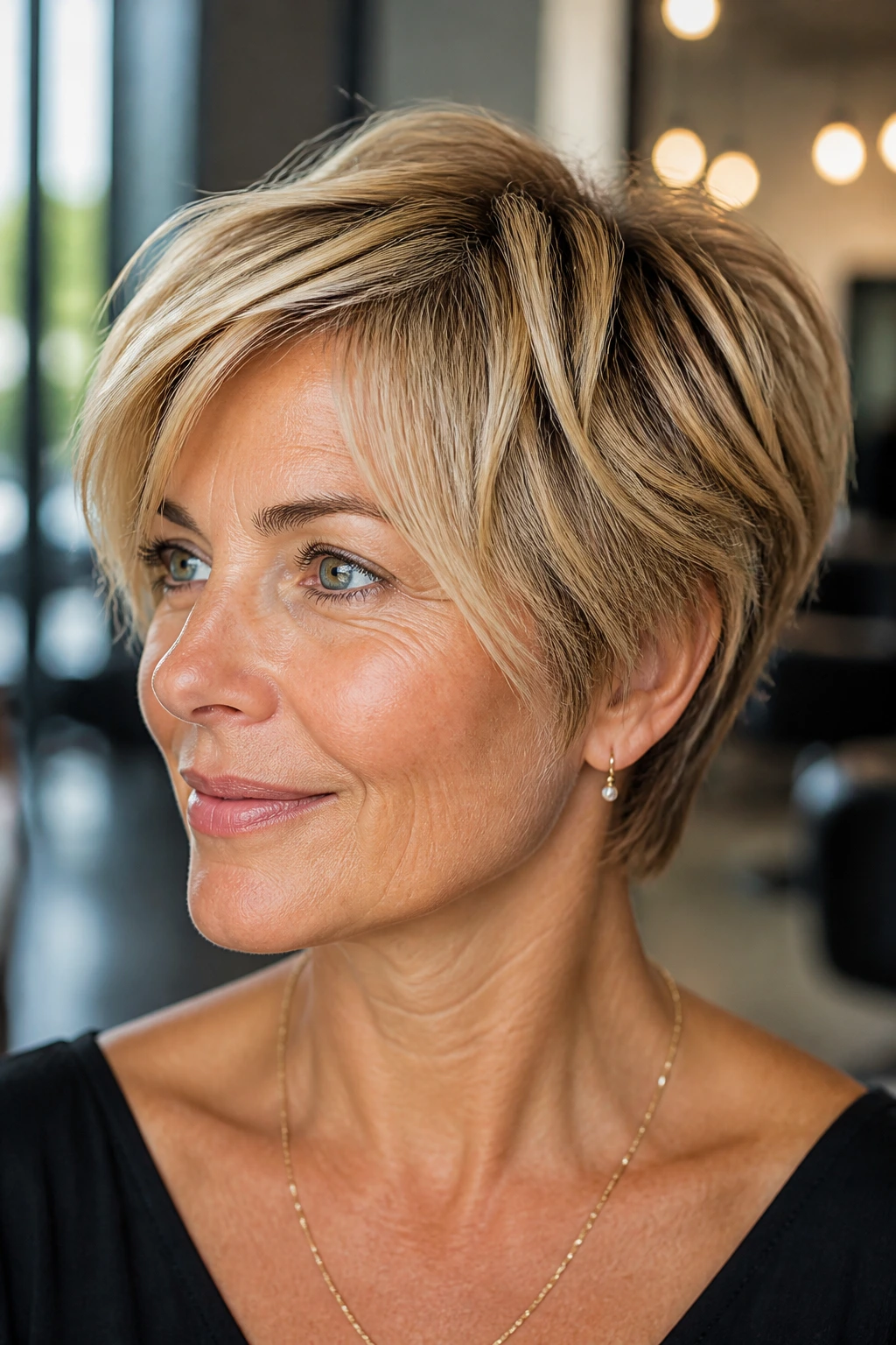 Close-up portrait of a real woman with sandy caramel short cut, warm tones and face-framing highlights.