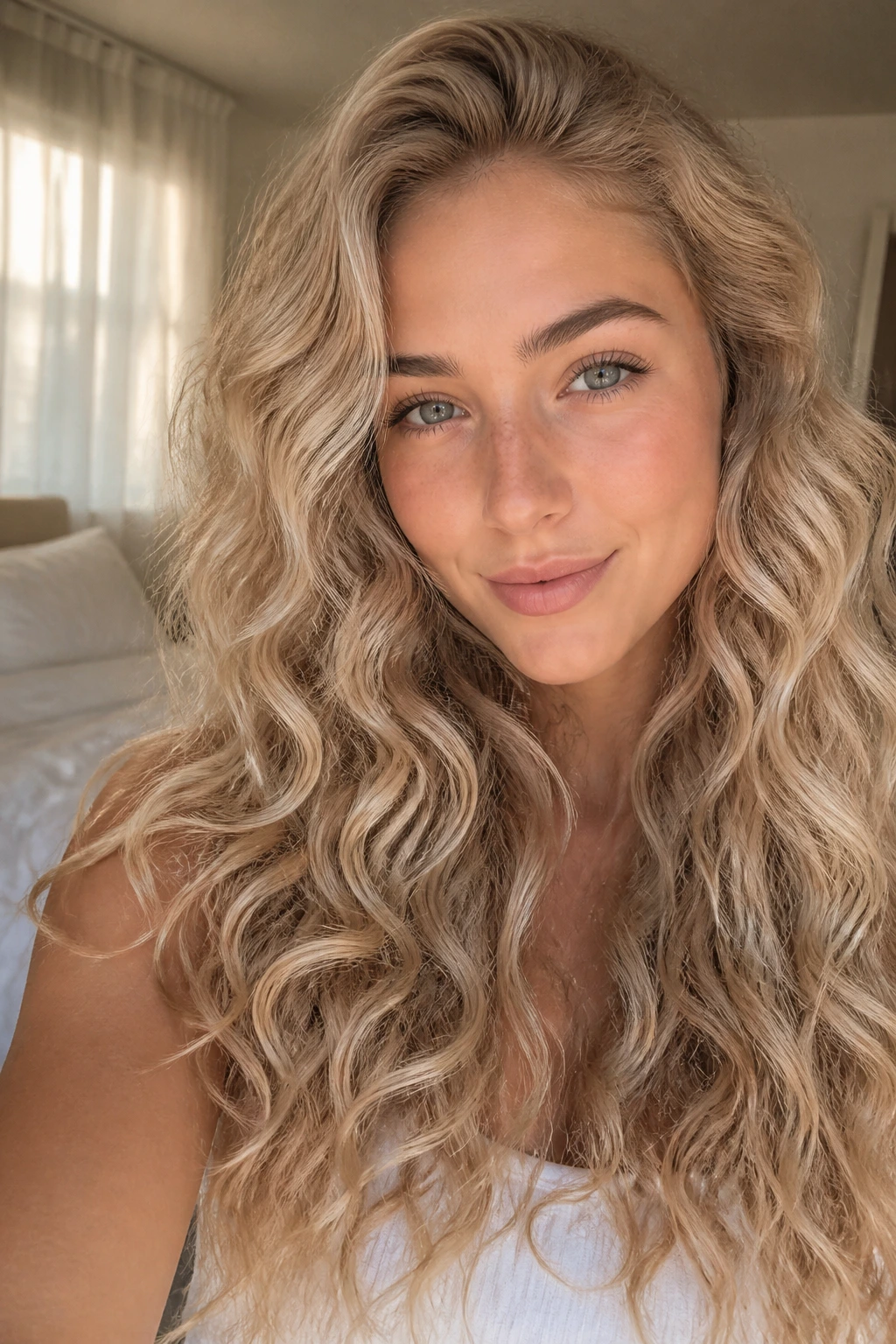 Close-up portrait of a real woman with sandy champagne blonde long curls catching soft window light
