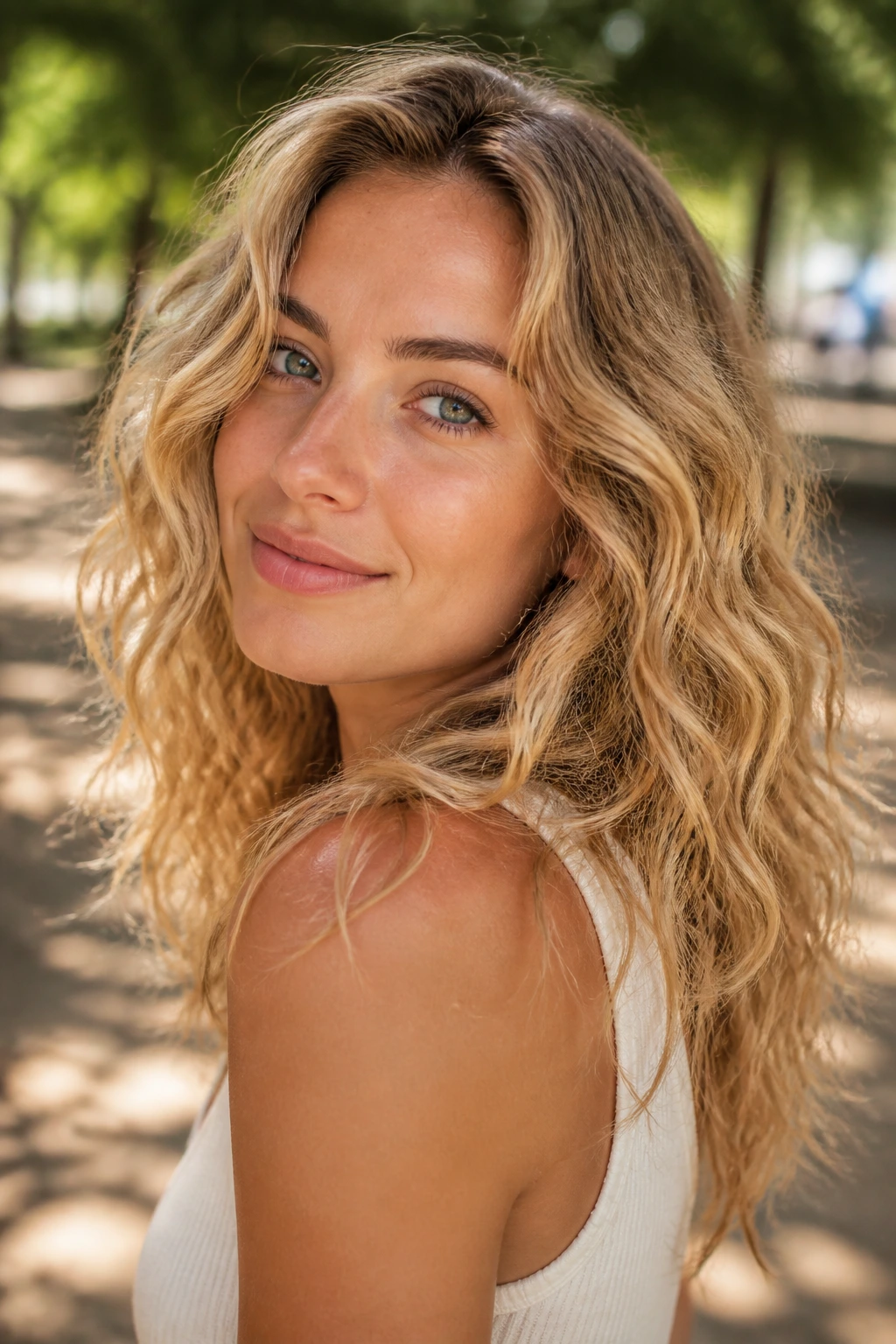 Close-up portrait of sandy champagne curls on a real person with warm light.