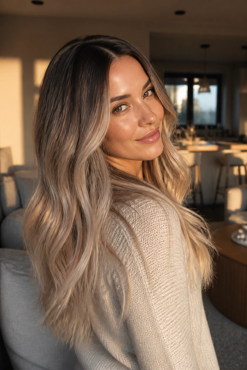 Close-up of a real woman's long hair in sandy champagne ombre