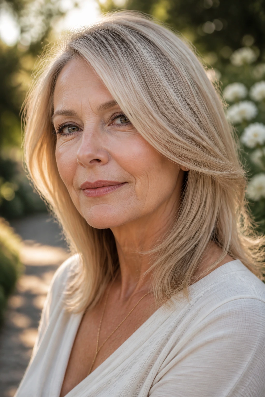 Sandy cream blonde shoulder-length hair with layers on a real woman.