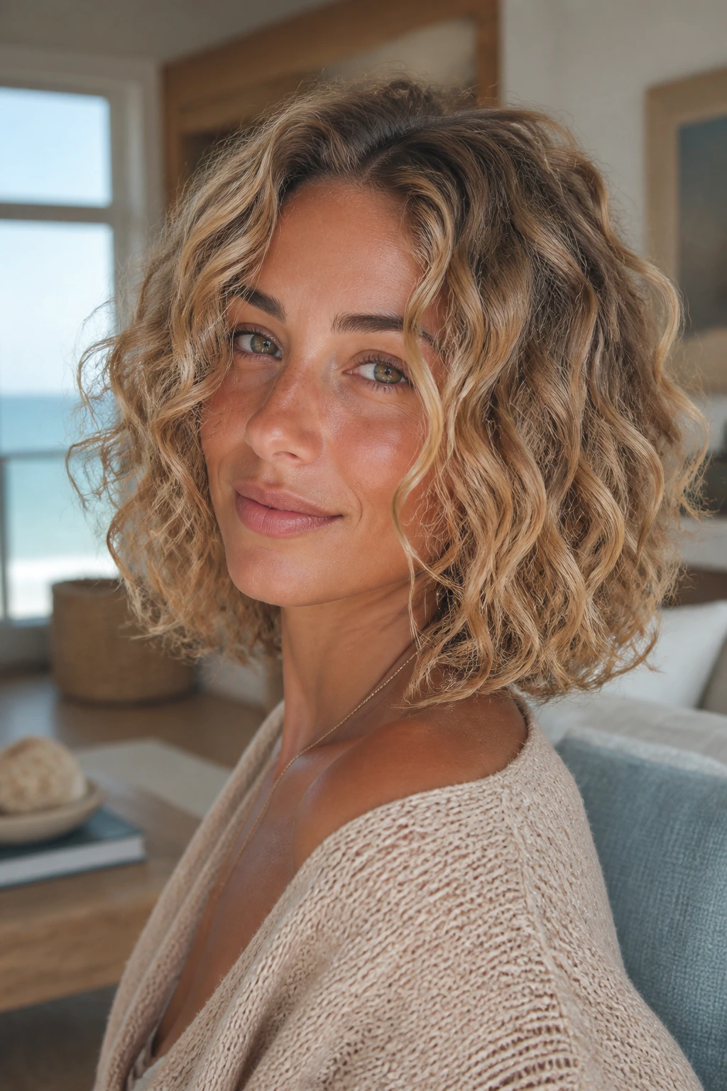 Close-up of a real woman with a shoulder-grazing sandy curly lob in muted beachy blonde under natural window light.