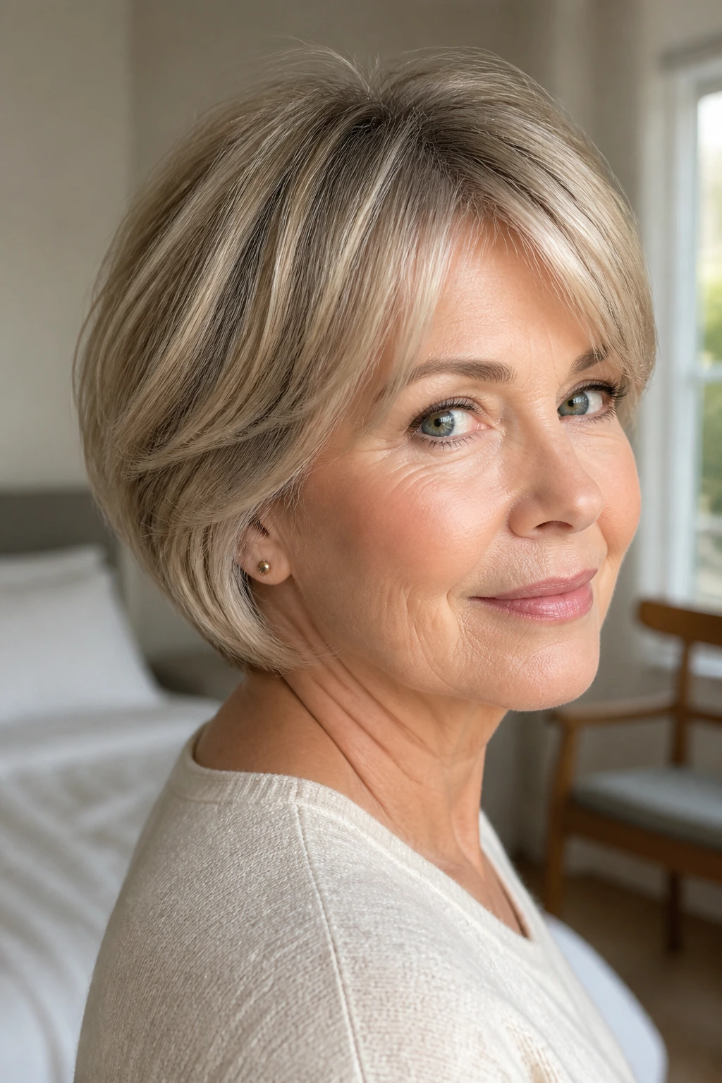 Close-up of a real woman with a sandy glaze crop and tucked ends in warm window light.