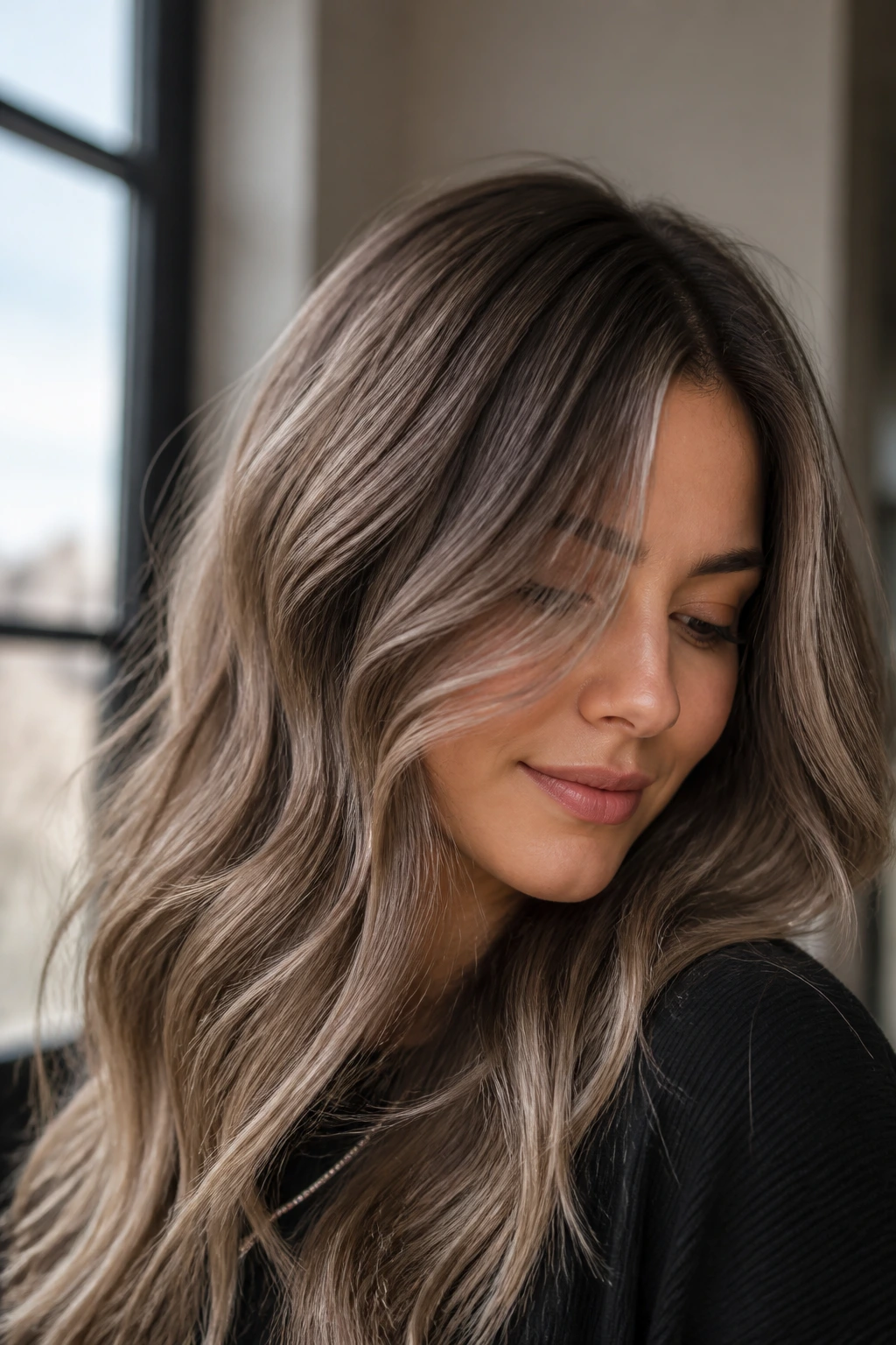 Beige sandy and mushroom brown balayage on brunette hair.