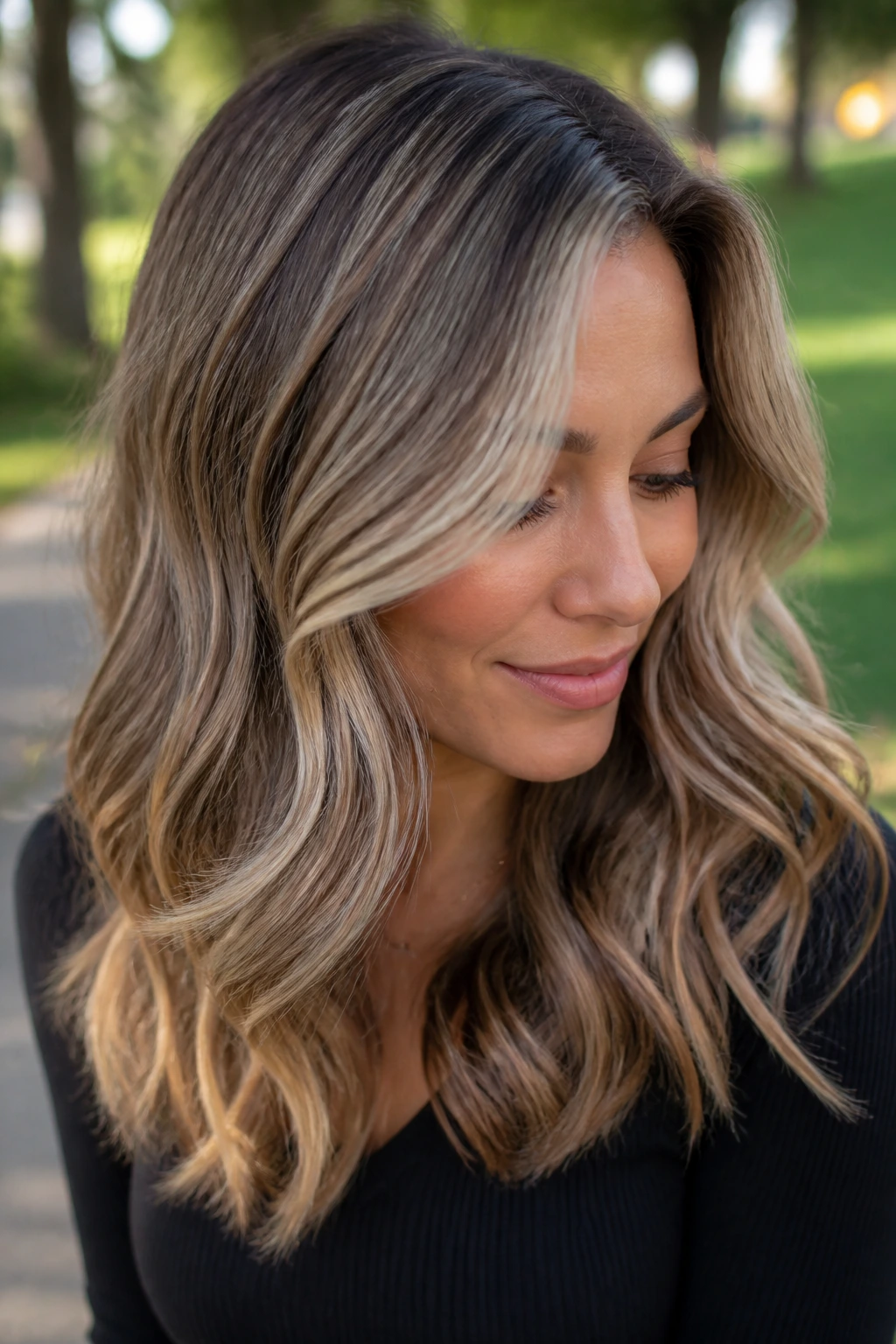 Close-up portrait of a real woman with sandy mushroom balayage