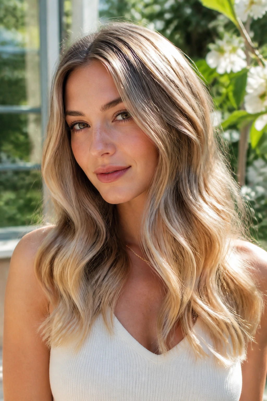 Close-up portrait of a real person with sandy neutral blonde and sunlit ends in natural light