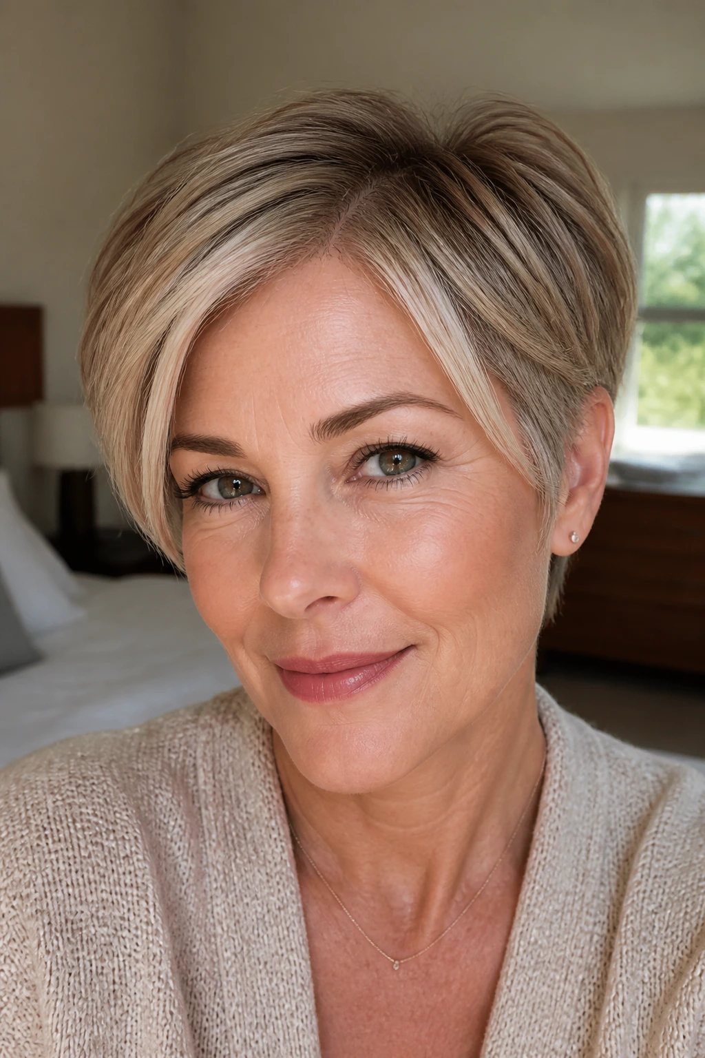Close-up portrait of a real woman with sandy money-piece around a soft pixie framing the face
