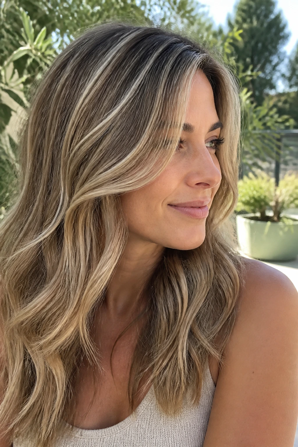 Close-up of a real woman with sandy ribbon highlights in layered hair
