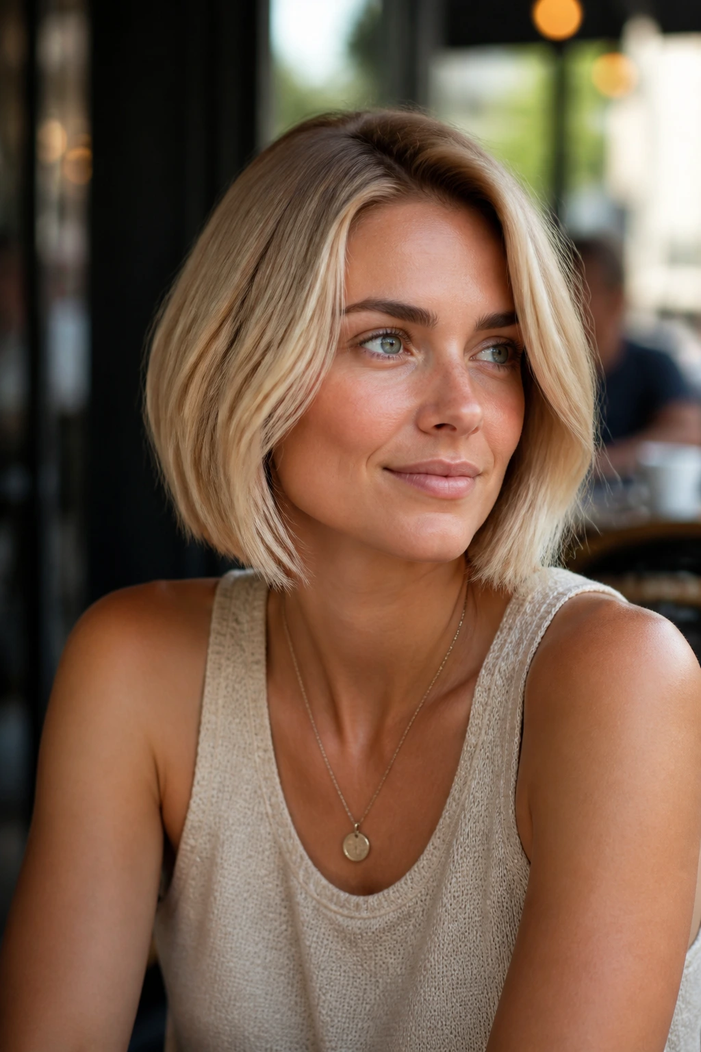 Portrait of a woman with sandy side-part bob at a cafe