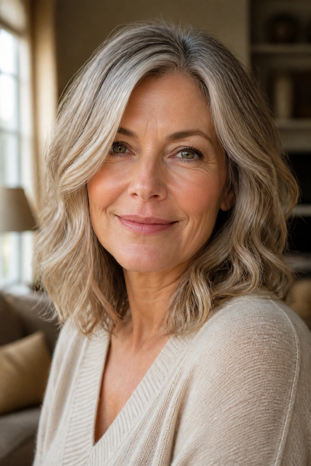 Close-up of a woman with sandy-silver blend hair in soft waves