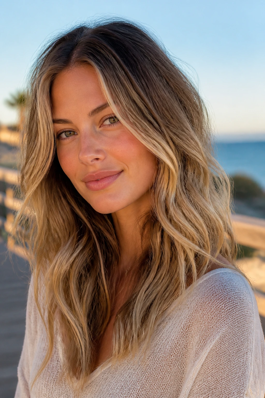 Close-up of sandy surf balayage with beachy waves