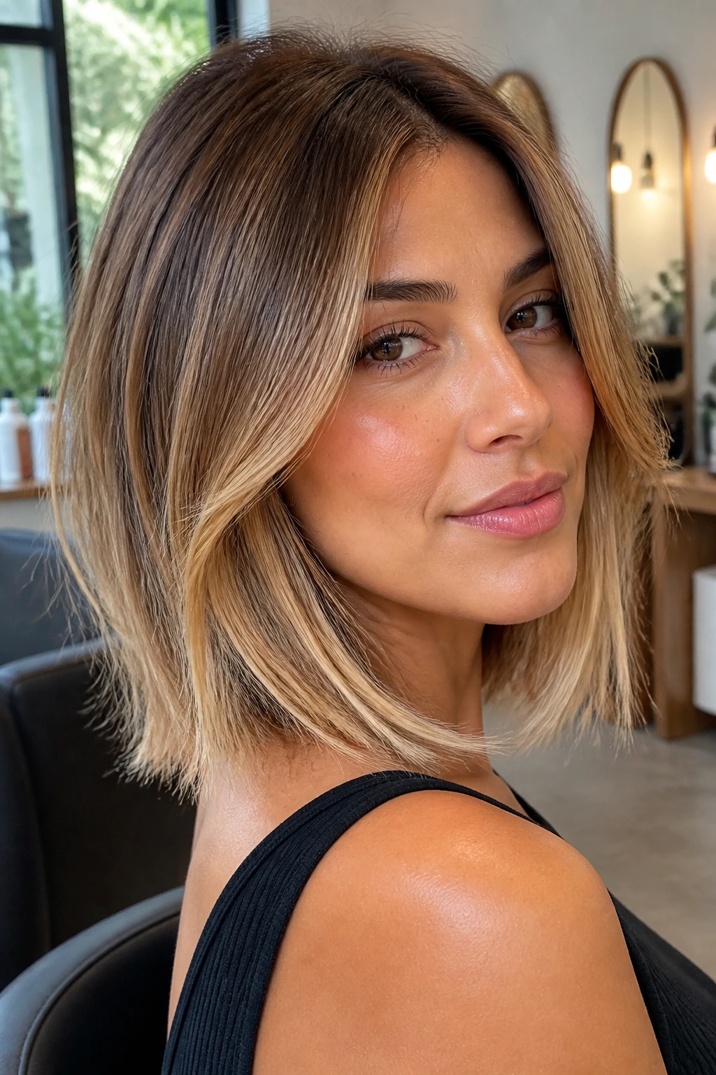 Close-up of a real woman with sandy toffee lob haircut, warm light.
