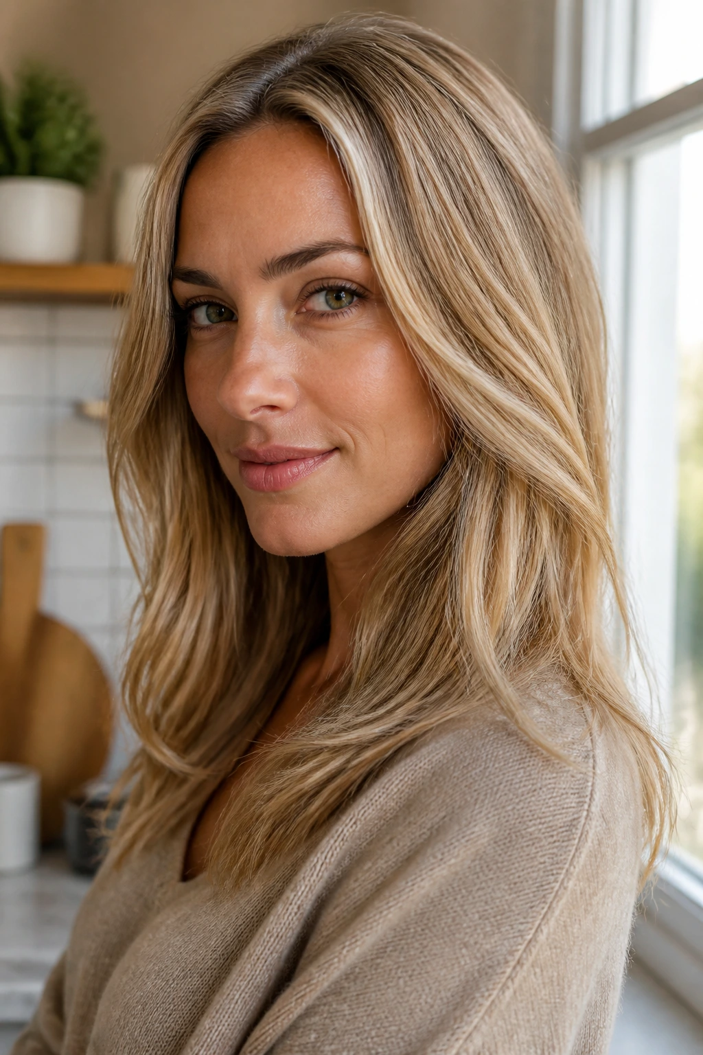 Close-up of a real person with Sandy Wheat Blonde hair in a cozy kitchen light