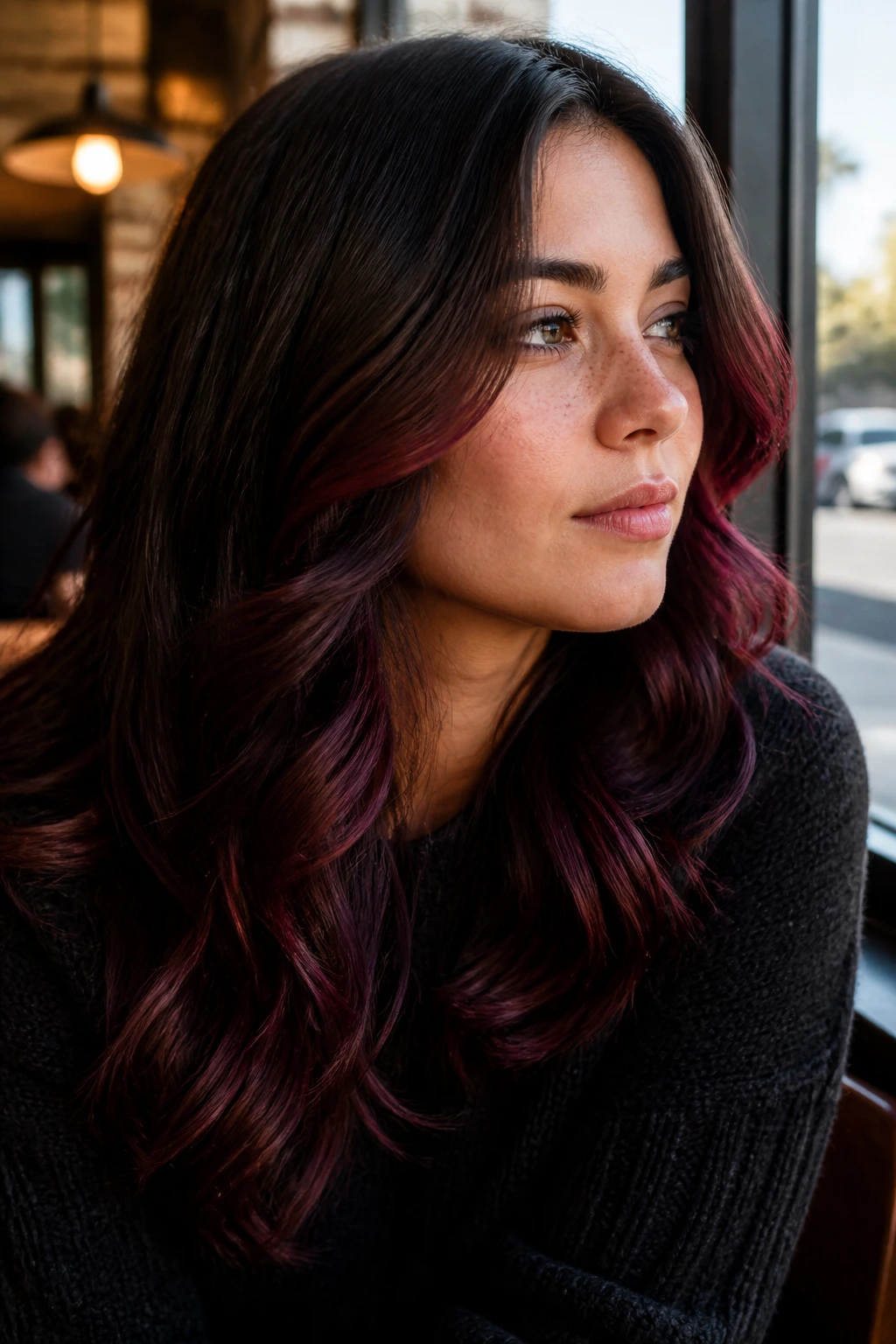 Close-up of sangria streaks on brunette hair