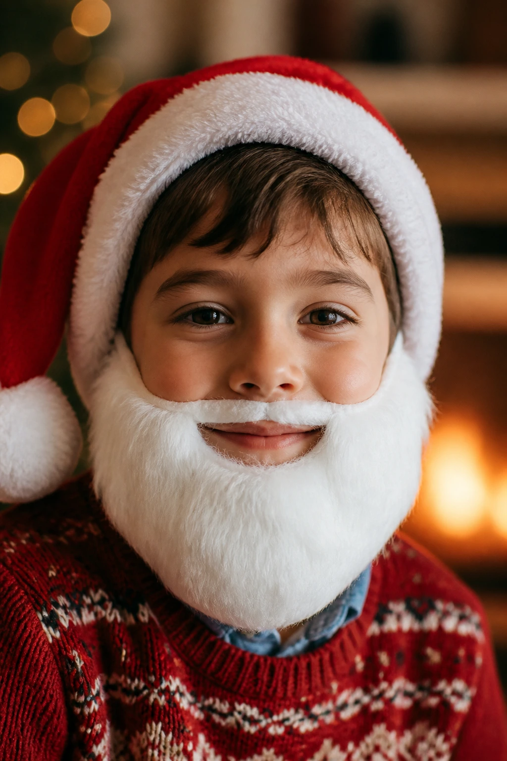 Boy with soft Santa beard indoors