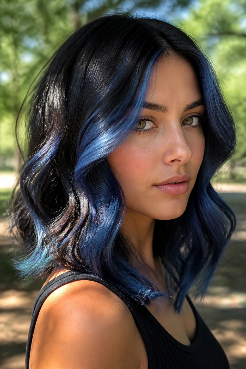 Close-up portrait of a real woman with sapphire halo balayage around hair perimeter