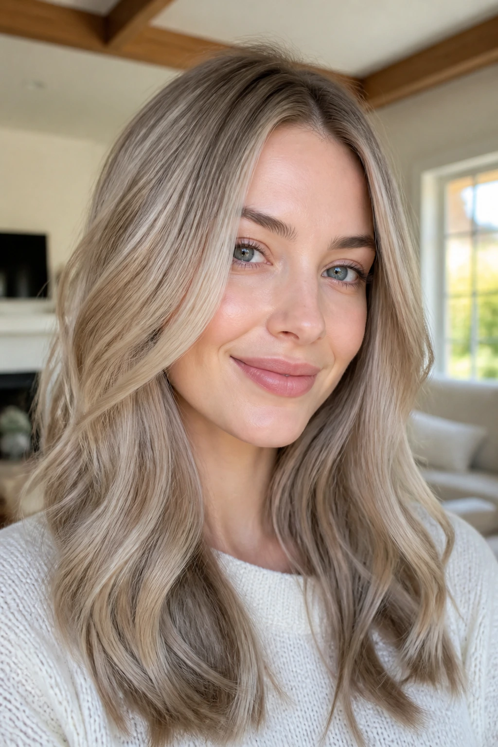 Close-up of a real woman with satin ash blonde hair and a glossy finish.