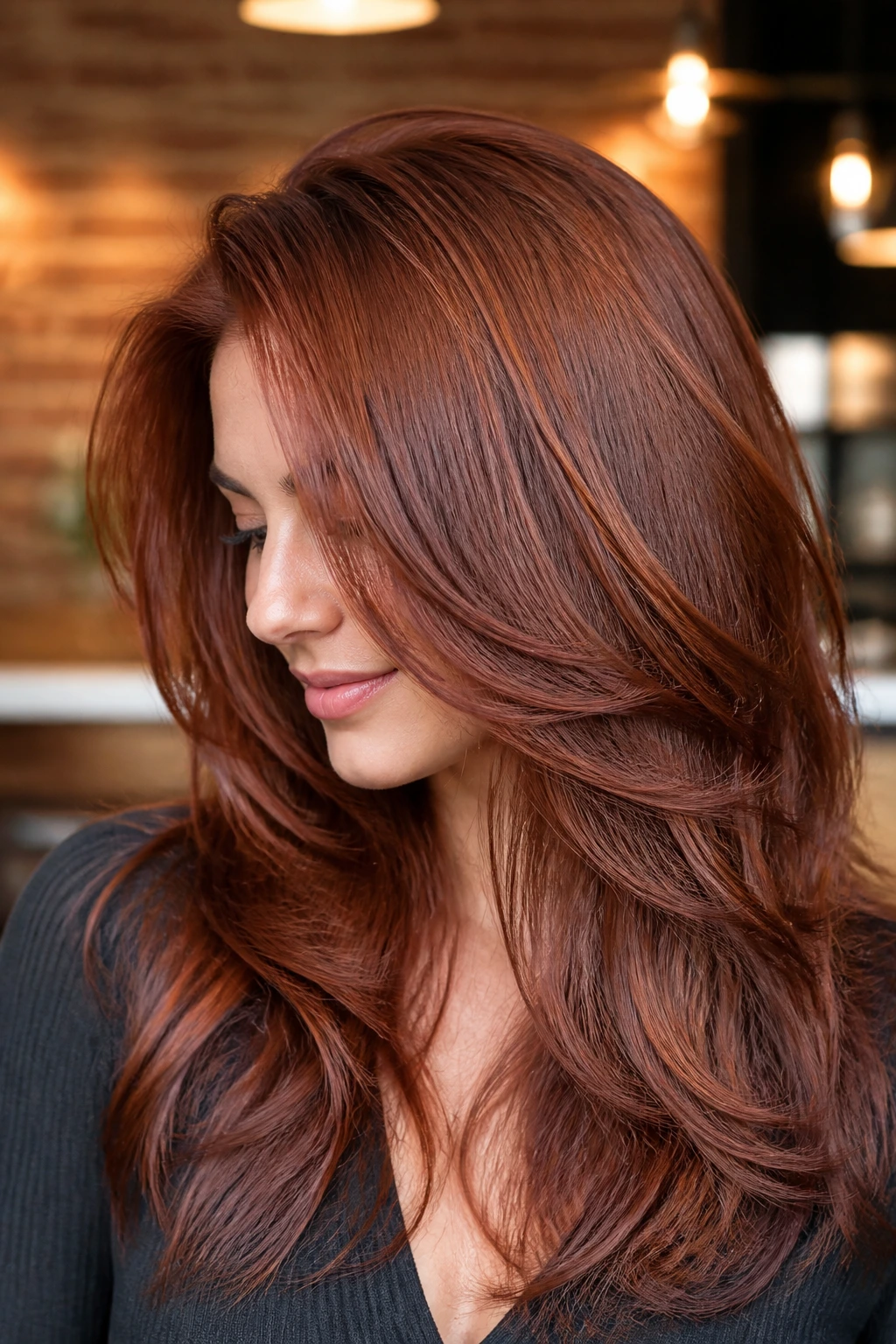 Woman with satin auburn gloss and layered long hair, glossy and dimensional.