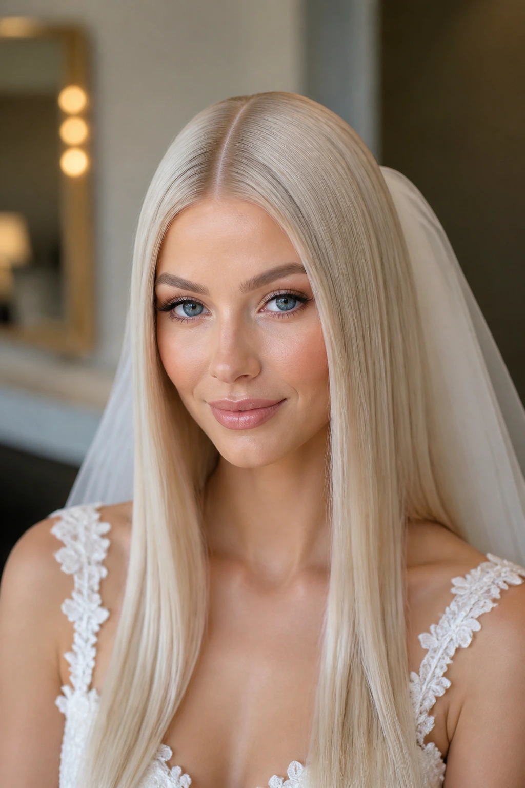Bride with satin blonde hair in a glossy straight style.