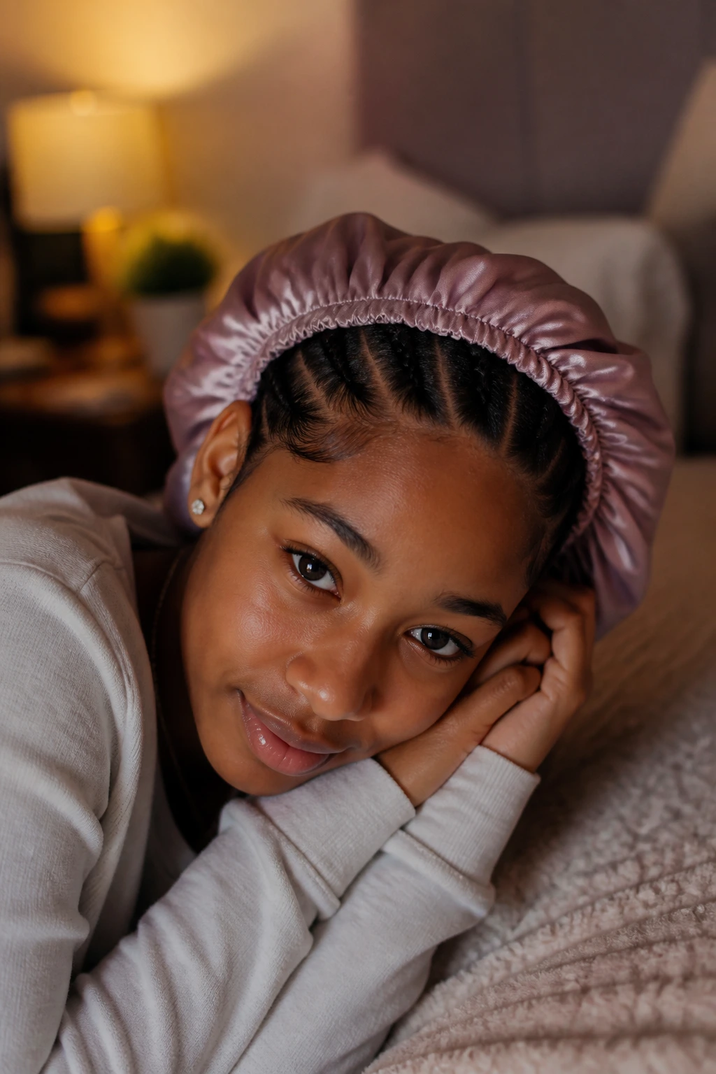 Person wearing a satin bonnet in bed with braided hair.