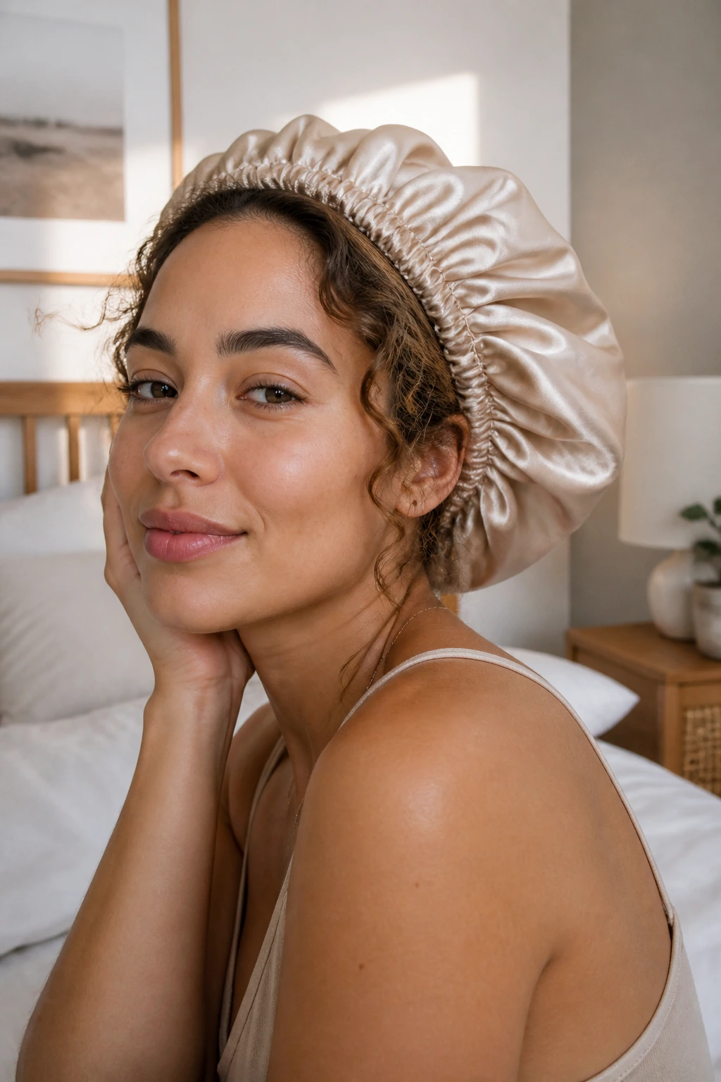 Close-up of person with curly hair wearing satin bonnet in bedroom