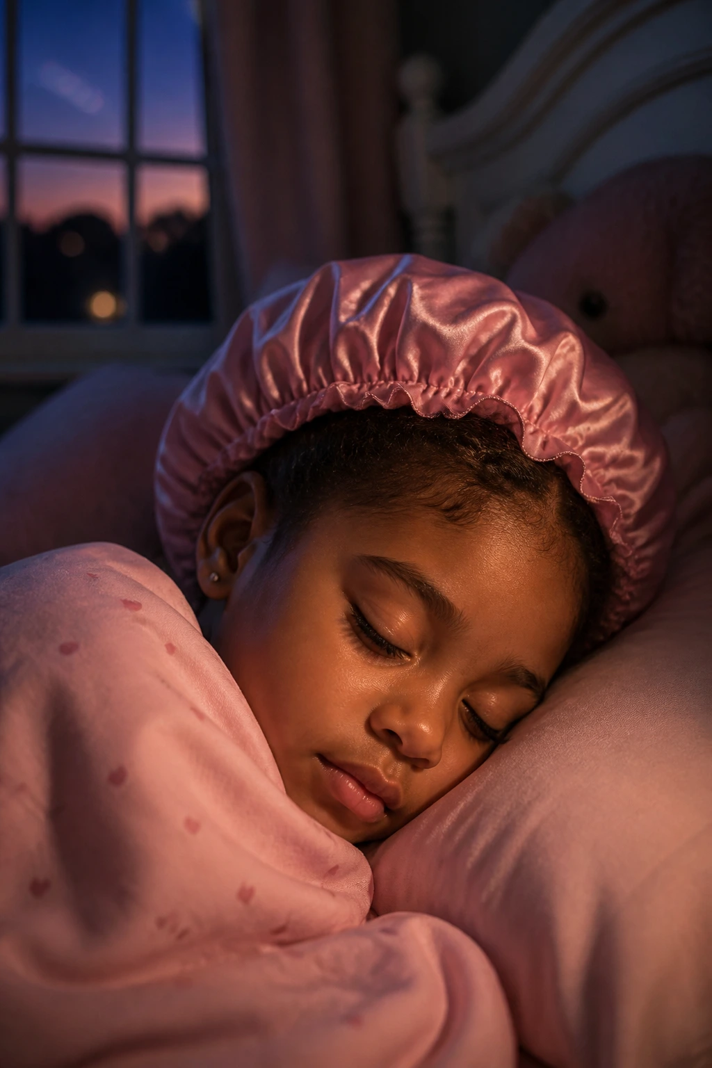 Child wearing satin bonnet in bed for nighttime hair care