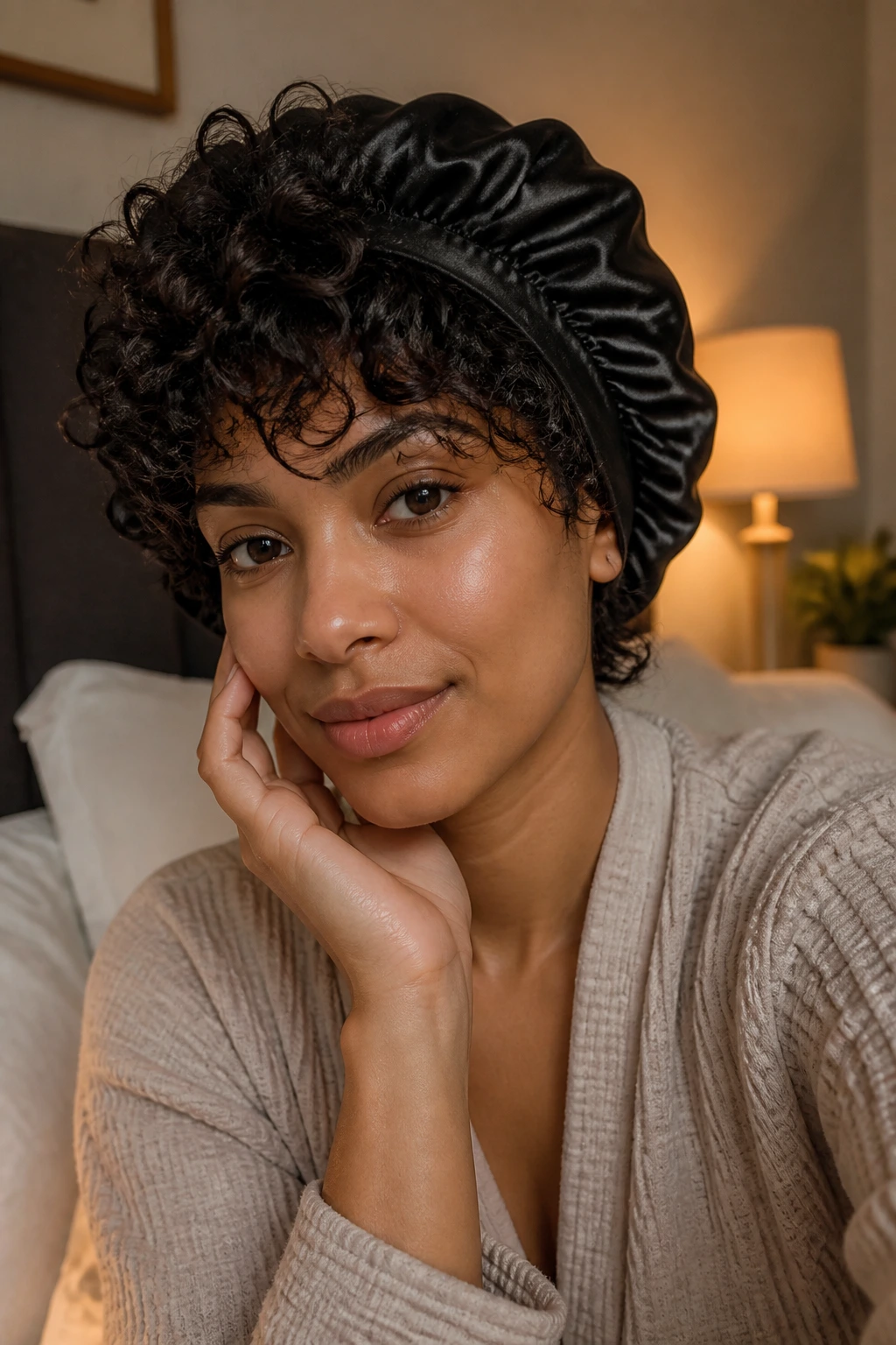 Woman in satin bonnet protecting curl shape at night