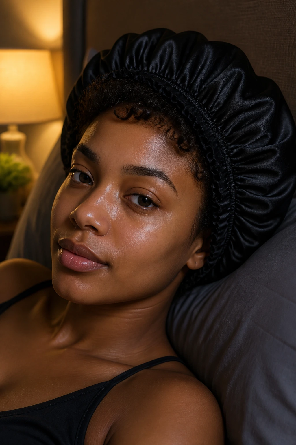 Close-up of a Black woman wearing a satin bonnet at night for curl maintenance