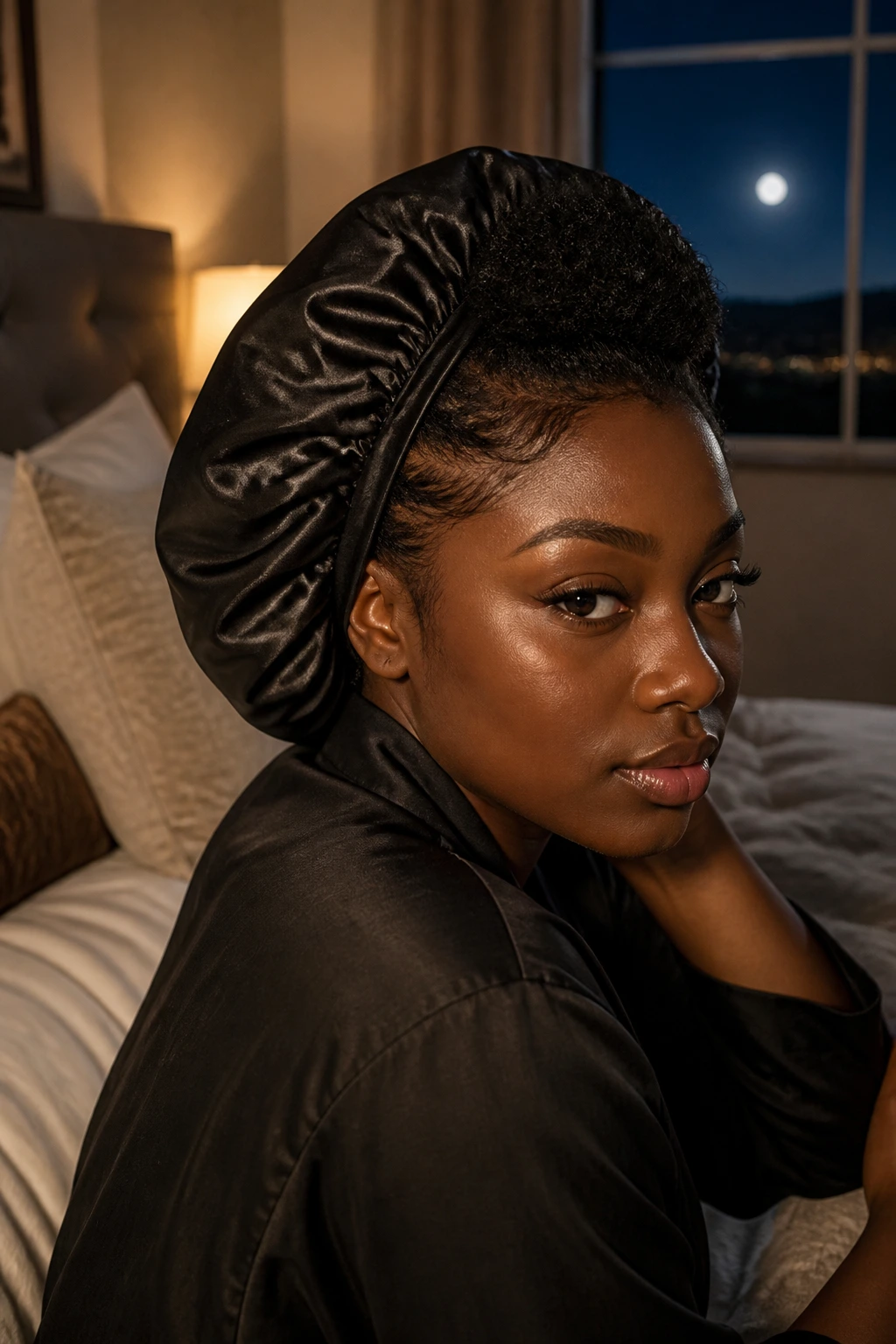 Night care portrait of a Black woman with a mohawk under a satin bonnet