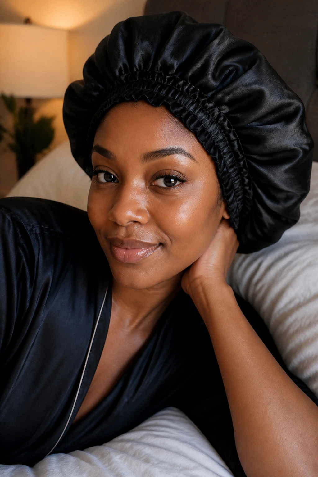 Real woman wearing satin bonnet to protect natural hairstyle overnight