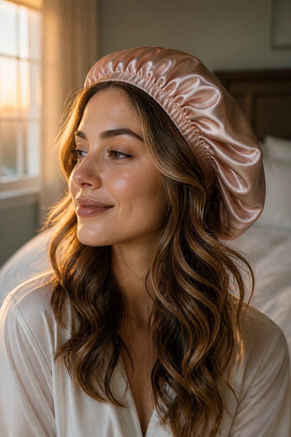 Woman with satin bonnet and soft waves in a sunlit bedroom.
